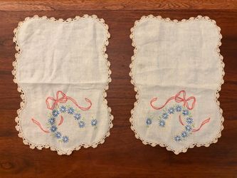 Vintage Hand Embroidered Linen Vanity Mats - Pair of 2 Blue Floral Wreath 12x8"