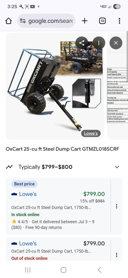 OXCART 25 CU FT STEEL DUMP CART!!! NEW