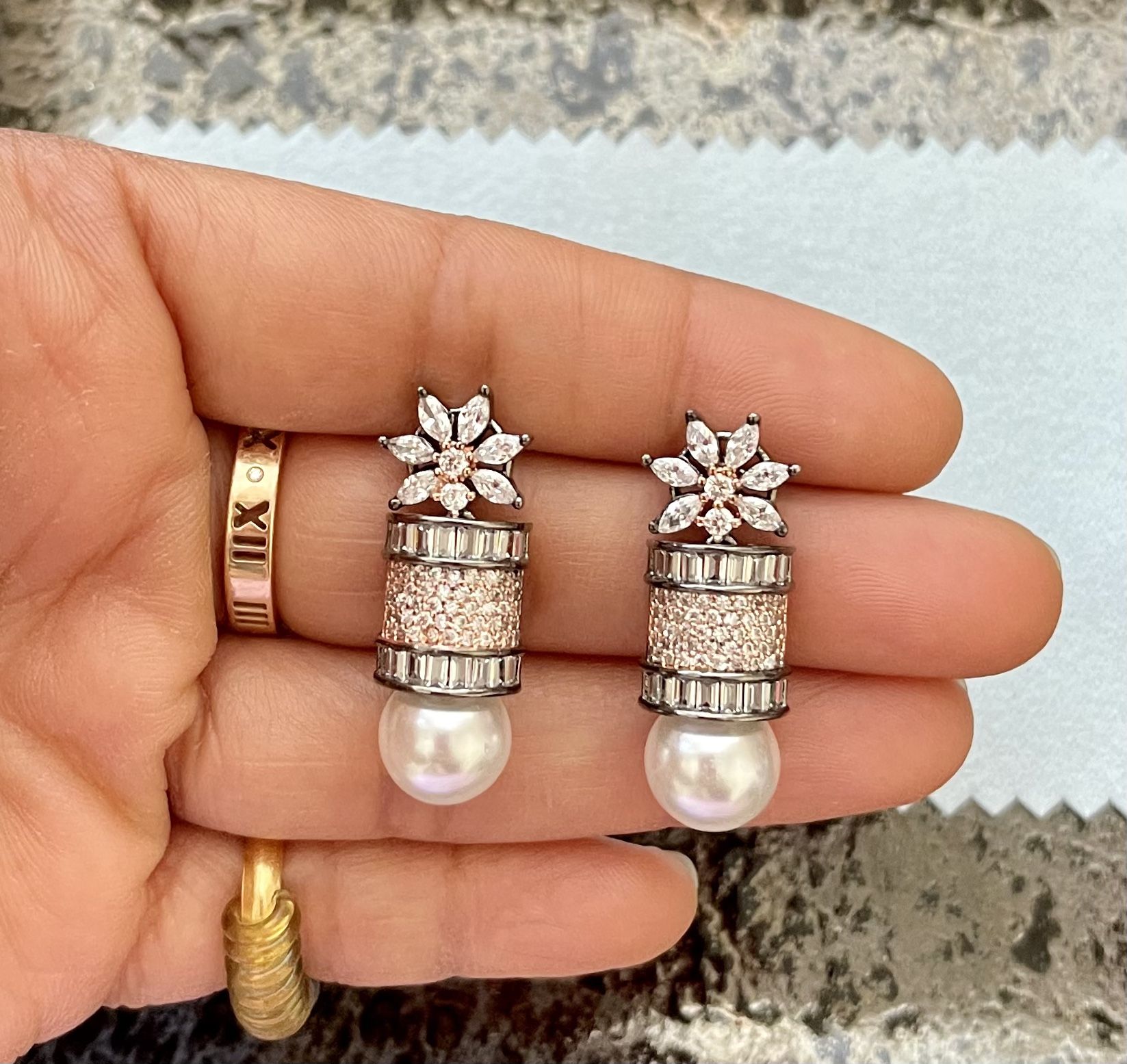 American Diamond And Pearl Earrings - Antique Polish