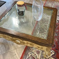 Coffee Table Carved Wood Glass Top 42x42