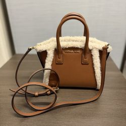 Michael Kors Faux Shearling-Trim Mini Satchel - Chestnut Brown