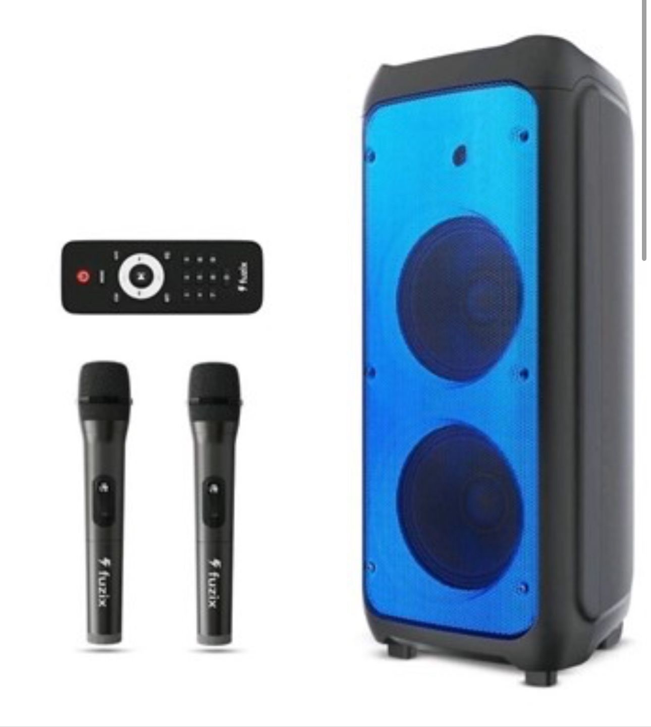 Nova Portable Rechargeable Karaoke Description Bluetooth Speaker by Fuzix – Dual Wireless Microphones, Dynamic LED Lights, FM Radio, USB, Micro SD wit