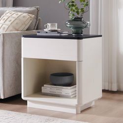 E919 $50  Modern Nightstand with Charging Station, 22" Wide Wood Side Table with Large Drawer & Open Storage, End Table for Bedroom, Curved Profile De