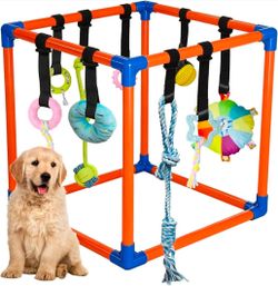 Puppy Play Gym with 9 Hanging Toys for Small Dogs, PVC Frame with Bungee Straps, Interactive Indoor Jungle Playground