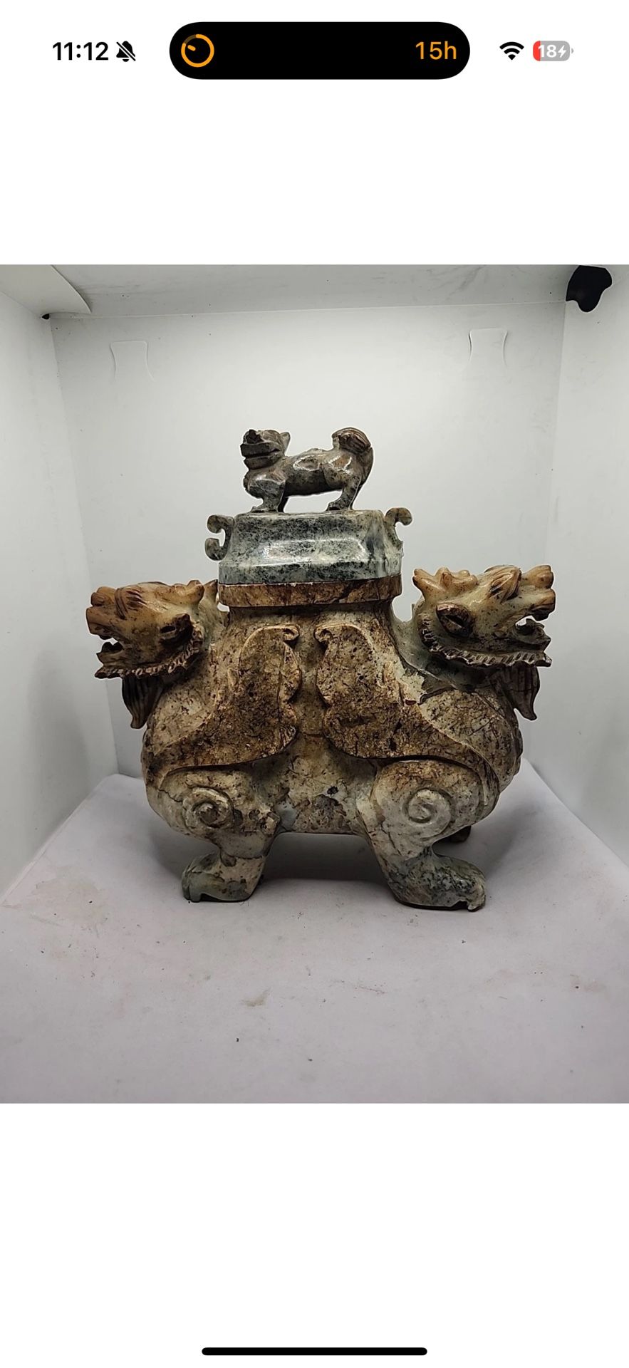 Vintage Hand Carved Chinese Soapstone Foo Dog Incense Burner Figurine Statue