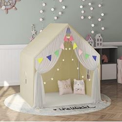 Extra-Large 55" Kids Tent, Toddler Tent with a Mat, Star Lights, Fabric Banners and White Curtains, Tent for Kids Reading Nook, Suitable for Girls Boy