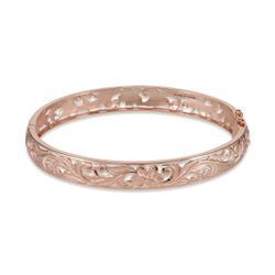 Hawaiian Heirloom Plumeria Hinge Bracelet in Rose Gold - 8mm Adorned with tropical flowers, ferns, leaves and intricate scrollwork, our unique Hawaiia