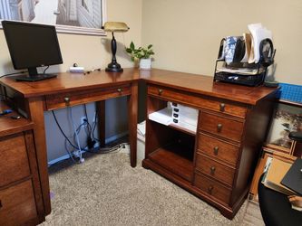 Beautiful, heavy solid cherry "tall" 3-piece desk with interchangeable return, plus 2 drawer file cabinet.