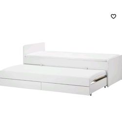 Twin Bed Frame With Pull Out Bed + Storage White 