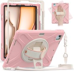 Case for iPad Air 13 inch 2025 2024 M3/M2 Chip Heavy Duty Rugged Durability Silicone Tablet Cover with 360° Rotating Hand Strap Foldable Hidden Stand 