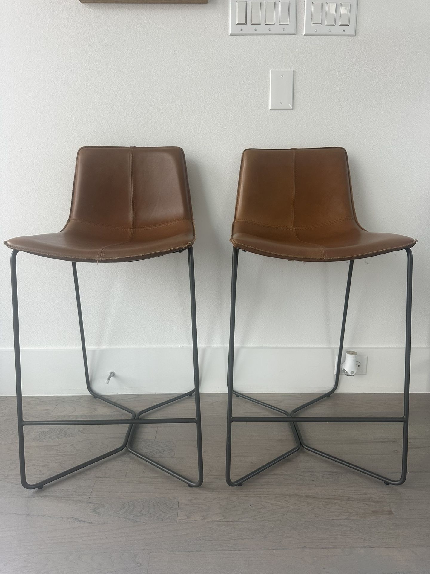 West Elm Slope Leather Barstools (2)