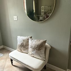 New Beige Bench, Decorative Pillows and Large Gold Mirror
