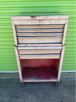 Vintage Rolling Metal Toolbox Tool Chest – 7 Drawers – Two-Piece Mechanics Cabinet