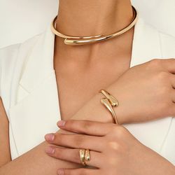 European and American fashion simple heavy metal temperament geometric ring smooth female necklace bracelet ring jewelry set