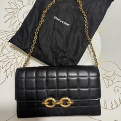 Saint Laurent Black and Gold Quilted Wallet on Chain