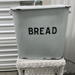Antique Enamelware Bread Box White With Black Trim