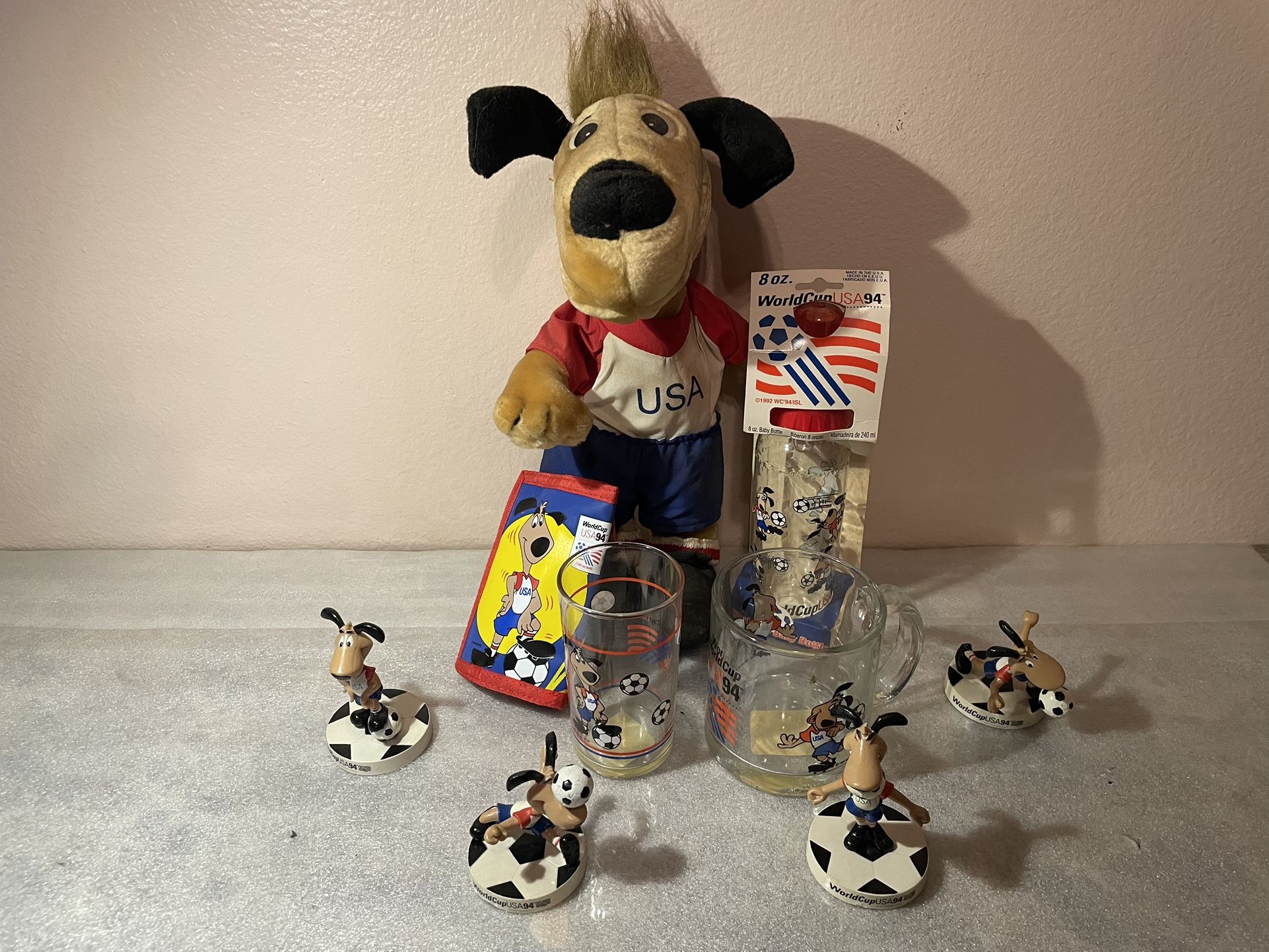 World Cup Pup Striker 1994 Soccer Mascot Toy Doll Glass Cup Bottle Wallet Memorabilia