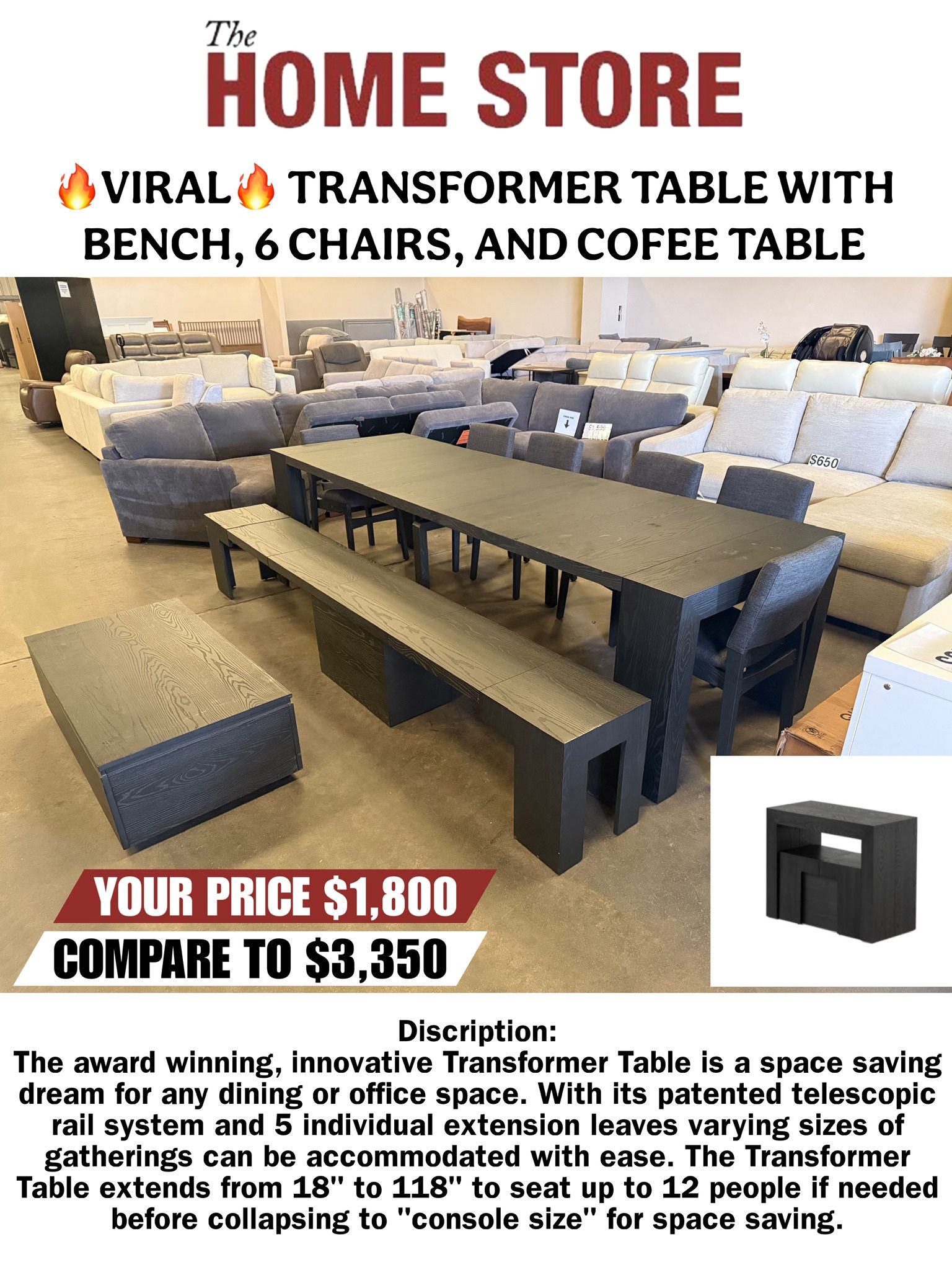 🔥 VIRAL 🔥 TRANSFORMER TABLE WITH BENCH, 6 CHAIRS, AND COFEE TABLE