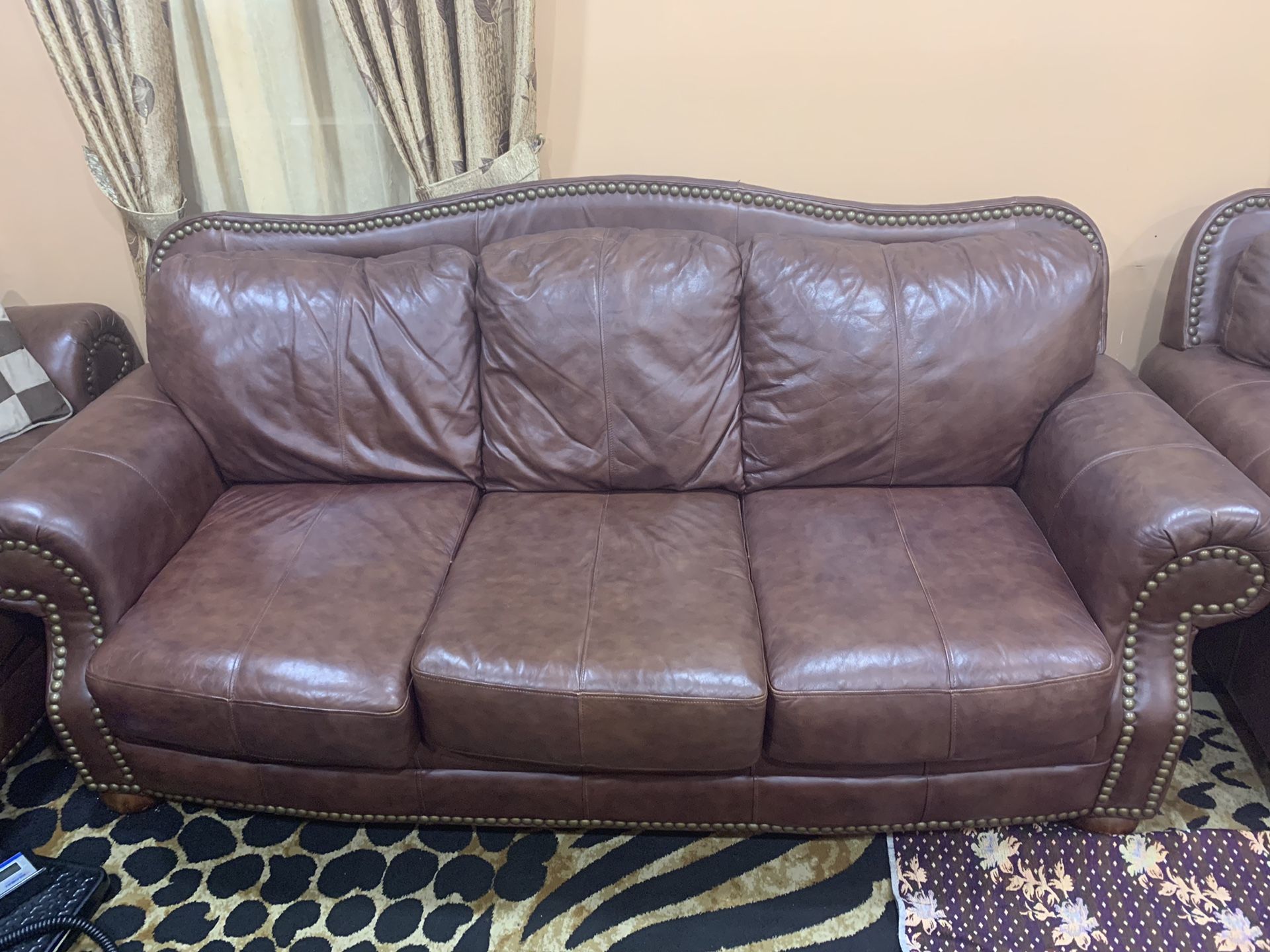 Brown leather couch sofa and chair with ottoman