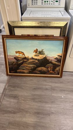 Framed Fox Wildlife Landscape Oil Painting