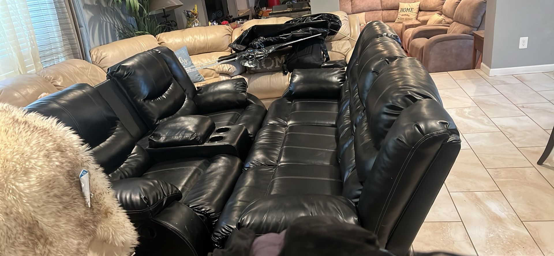 Black Leather Living Room Recliner Set