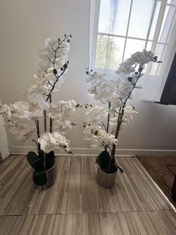 Faux White Orchid Plants in Silver Pots – Set of 2