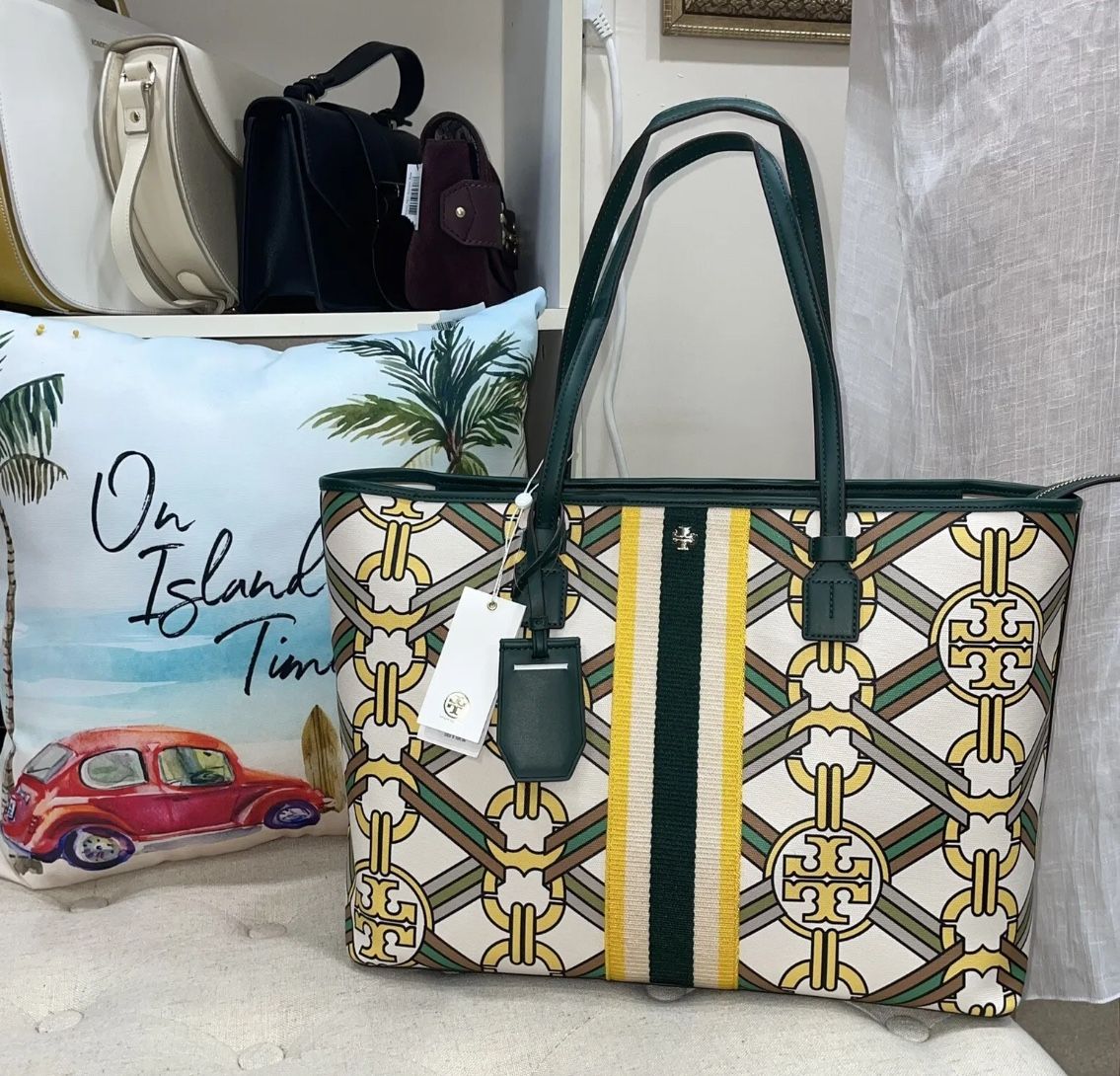 Tory Burch Gemini Link  Yellow/Green Medallion Ribbon Canvas Top-Zip Tote Bag