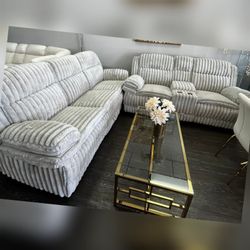 Jumbo corduroy Light Gray manual sofa set w/ charging station ,drawer cup holders