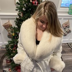 White Coat With Fox Collar And Rabbit Lining 