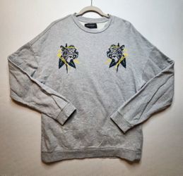 PacSun Mens Pullover Sweatshirt Medium Grey Embroidered Tigers 100% Cotton