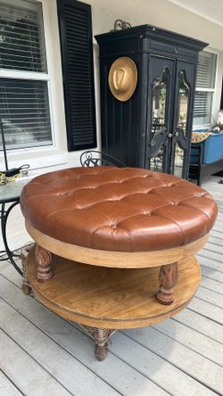 Gorgeous rustic leather and wood ottoman