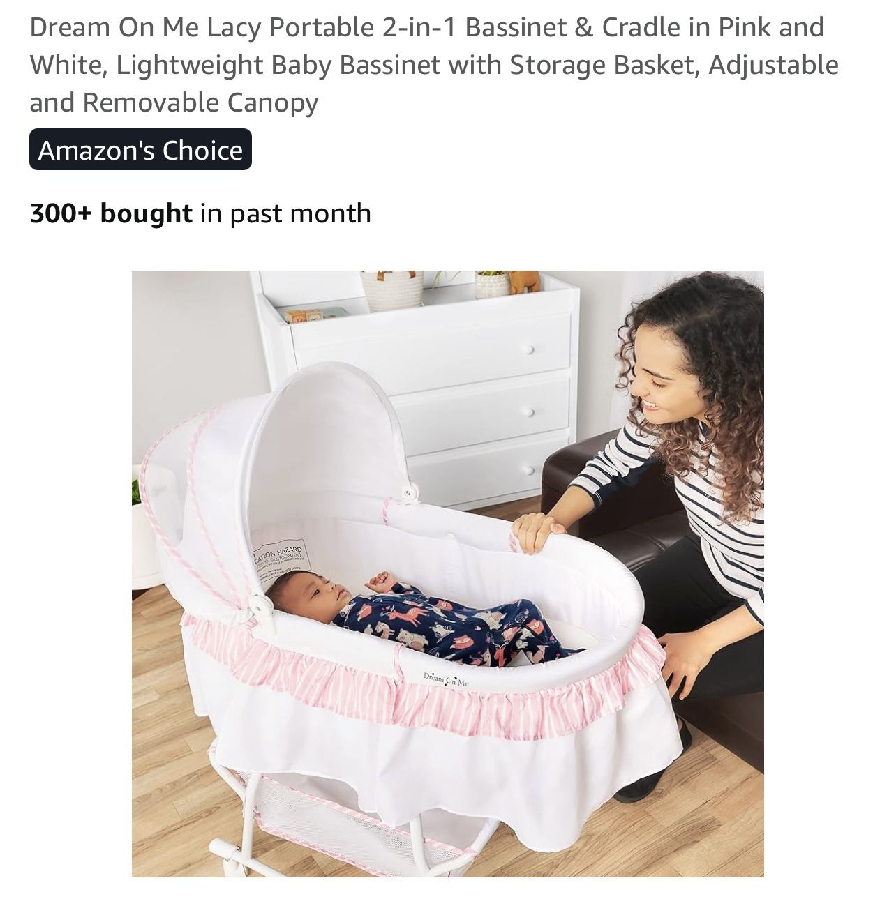 Dream On Me Lacy Portable in Bassinet Cradle in Pink and