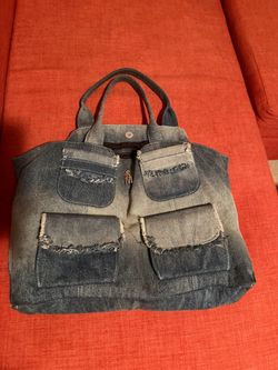 Denim Tote Bag with Multi-Pocket Design