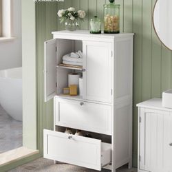 Floor Storage Cabinet, Bathroom Storage Unit, Freestanding Cabinet with 2 Drawers and 2 Doors, Adjustable Shelf, 11.8 x 23