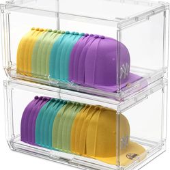 2 Pack Large Hat Organizer Box, Stackable Clear Baseball Caps Holder Box Containers with Sliding Door for Hats Snapback Cap Storag, Hat Rack Display C