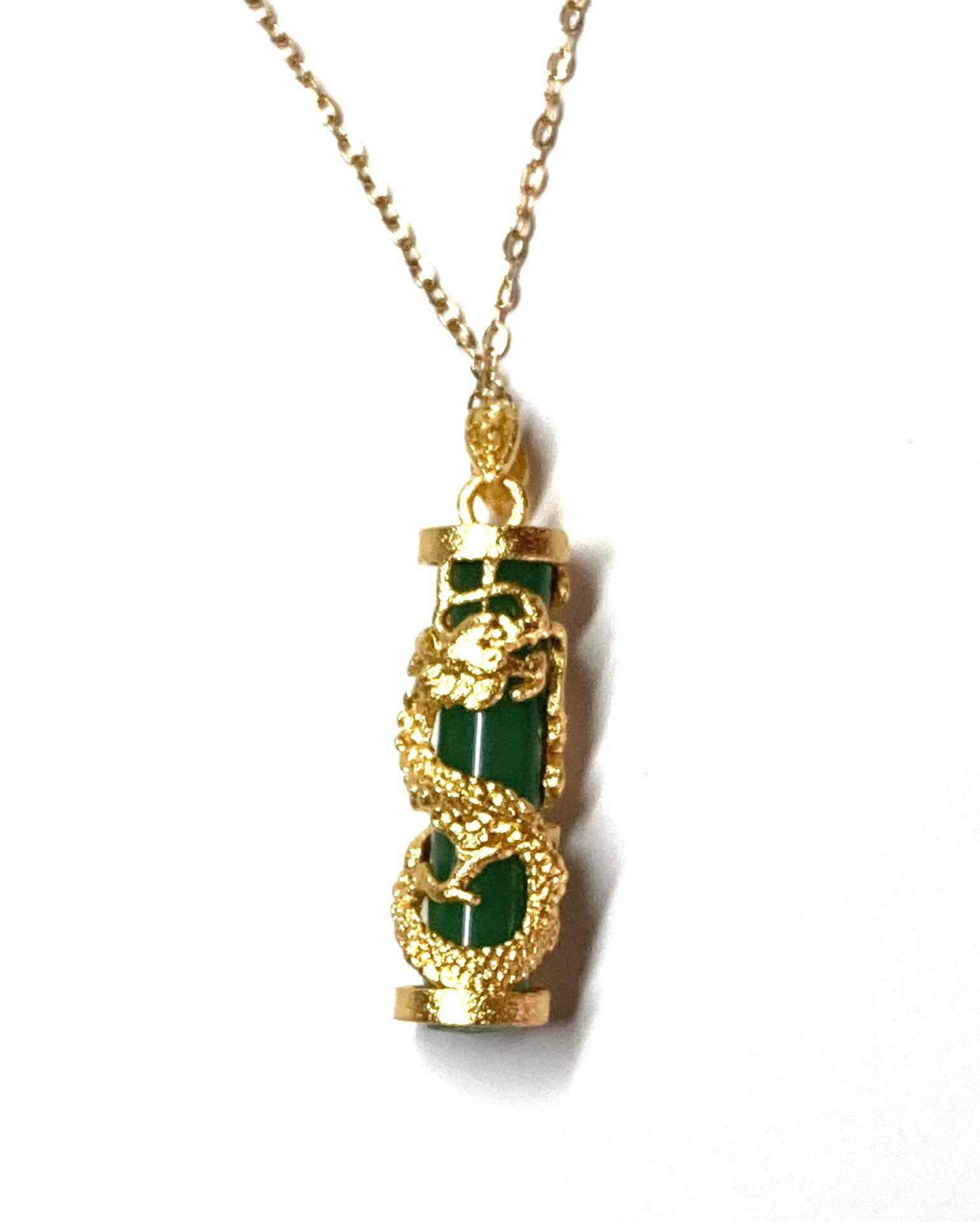 Gold Plated Jade Jadeite Dragon Pendant Necklace 