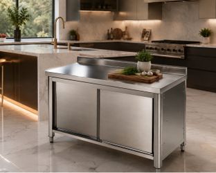 Stainless Steel Cabinet - Sliding Doors - w/ Backsplash