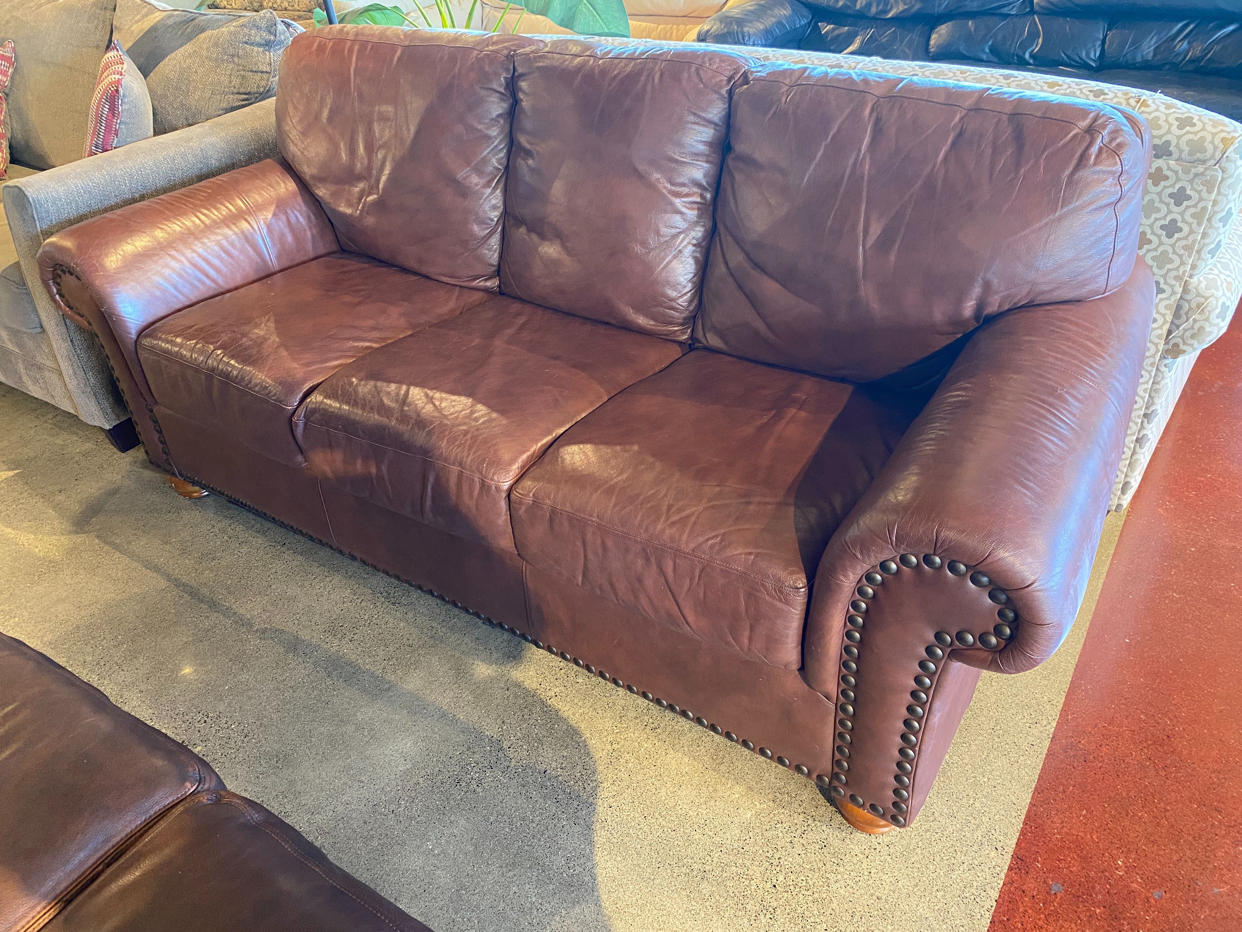 Brown Leather Rolled Arm Sofa with Nailhead Trim