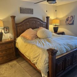 California King Solid Wood Hand Carved Details Bed Frame with Mattress & Nightstands