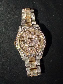 Iced Out Gold-Tone Watch with Diamond-Set Dial