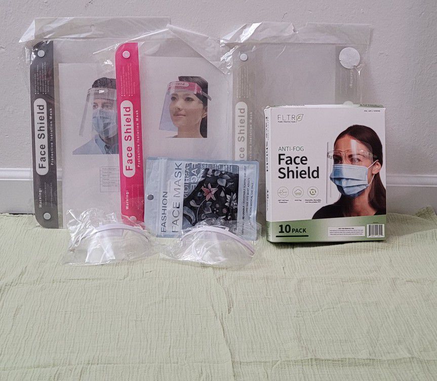 Face Shield .Mask Cover. 7 Pieces And A Box Of 10 Face Shield. All Brand New.