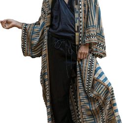 Women's geometry Print loose Open Front Soft long kimono cardigans 