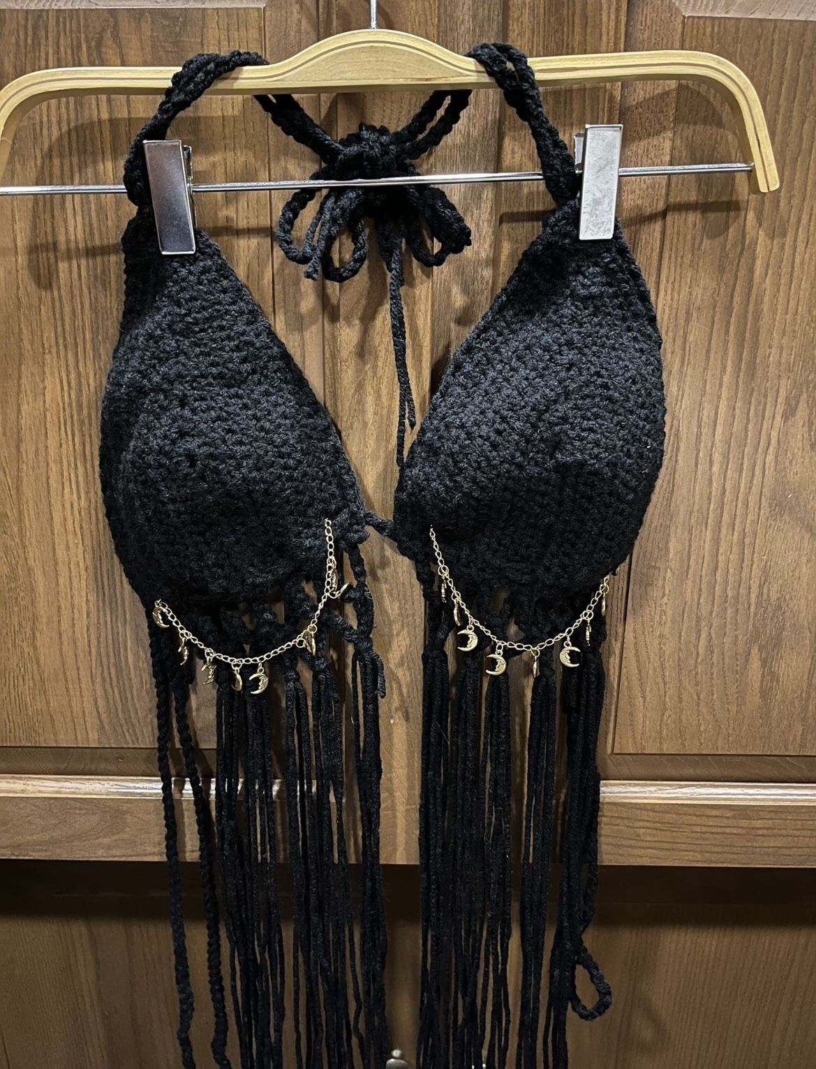 Moon 🌙 Chain Bikini Top Fringe Black Handmade Festival Top L XL