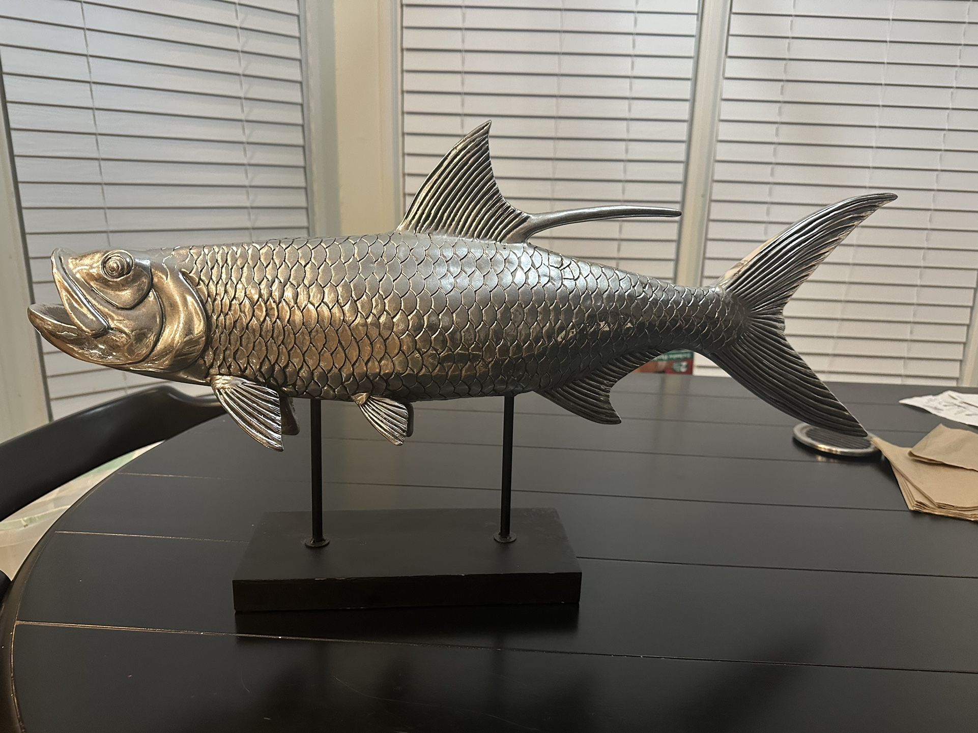 decorative silver tarpon fish sculpture.on Stand 26 Inches Long