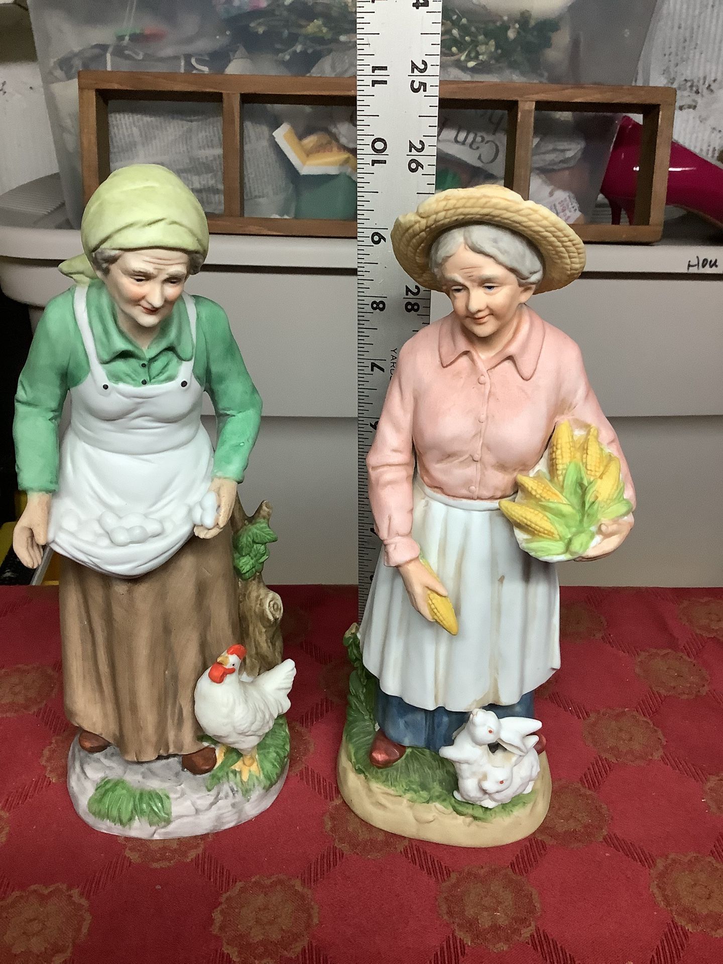 Vintage Porcelain (2) Figurine, Woman Feeding Animals