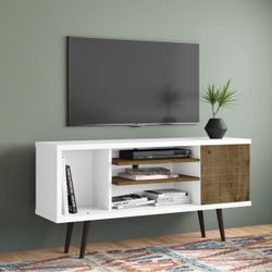 TV Stand 53” White & Wood Mid-Century 
