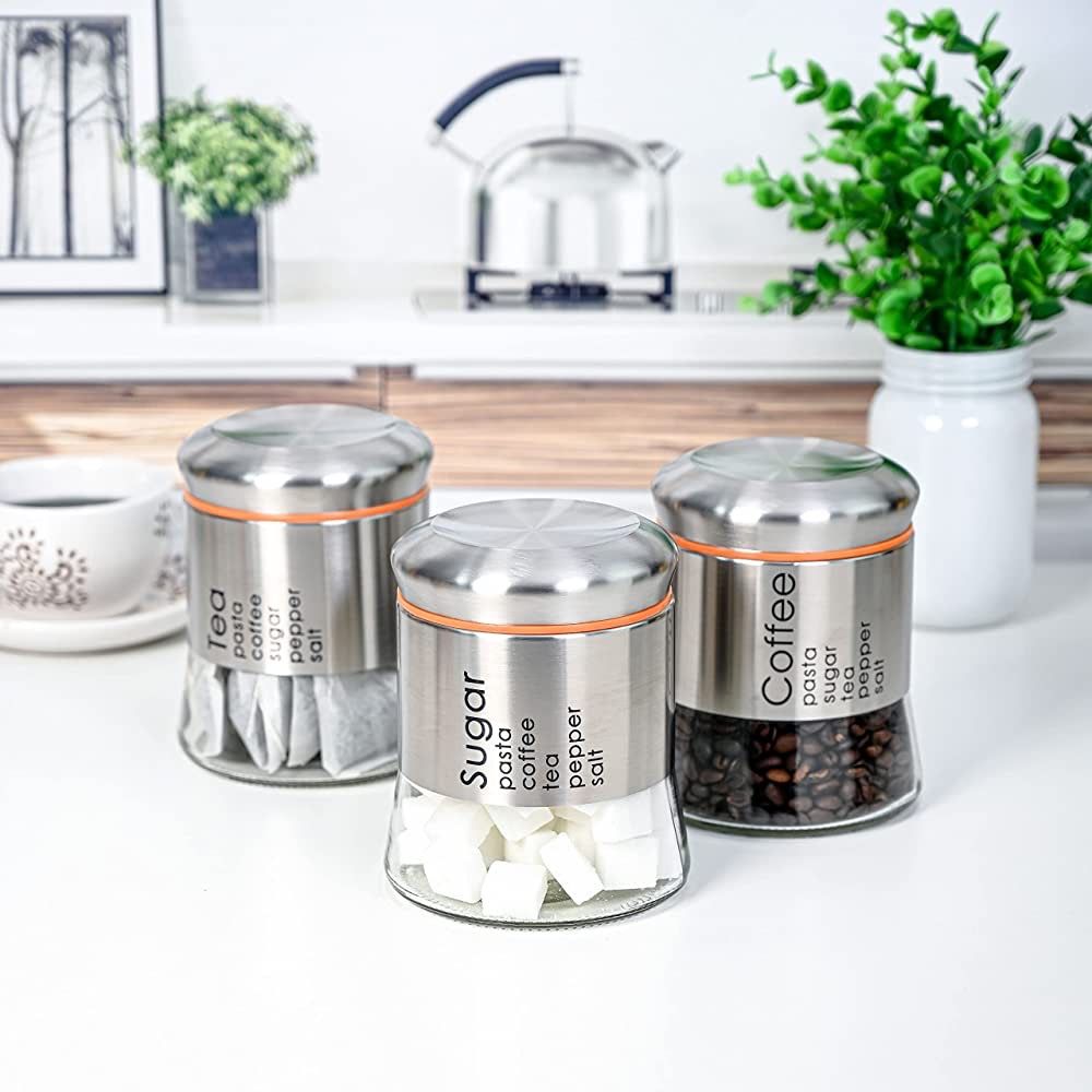 3PCS Brushed Stainless Steel Cover Glass Canister Set Food Storage Jars with Screw-on Lids for Kitchen Counter Coffee, Sugar and Tea (12)