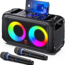 Brand New Karaoke Machine for Adults Kids, Bluetooth Party Karaoke Speaker with 2 Wireless Microphones for Singing, PA System with HiFi Sound/Dual 3" 