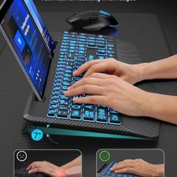Wireless Keyboard and Mouse Backlits, Wrist Rest, LED Mouse, Rechargeable Ergonomic Keyboard with Phone Holder, Silent Light Up Combo for Computer