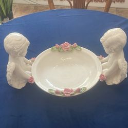 Vintage Ceramic Cherub and Rose Decorative Bowl
